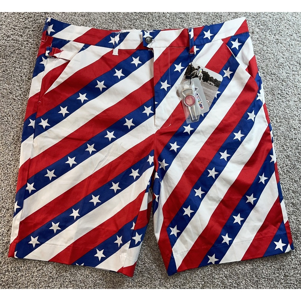 Royal & Awesome Pars & Stripes Golf Shorts NWT Size 38 Mens Golf Wear USA Shorts
